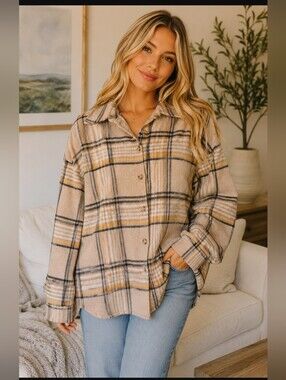 Blue B Collection Plaid Shacket Oversized Button Front Soft Beige Mustard Size L